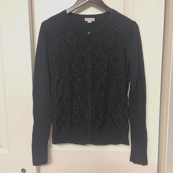 Vintage Merona Women’s Black Lace Front Cardigan Sweater Knit Top Size M - Picture 2 of 9